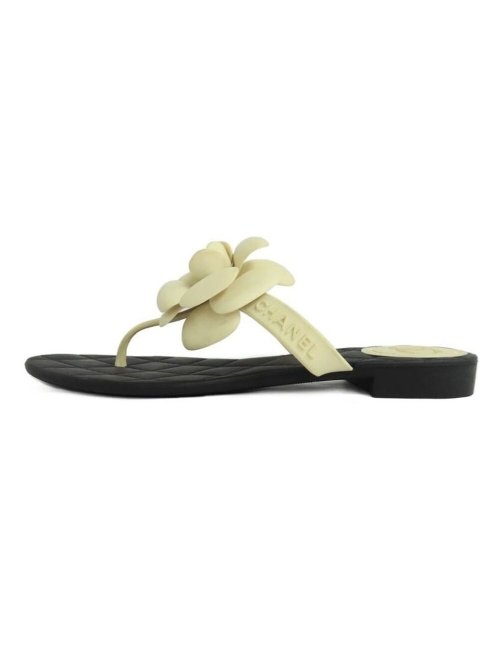 Chanel Camellia Beach Sandals Flat Heel 35 Black White Rubber Thong - Picture 2 of 11